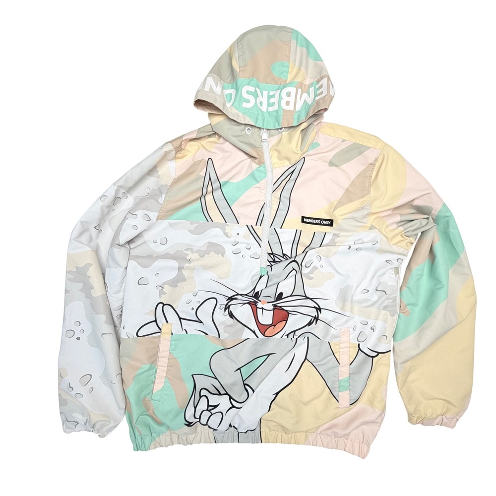 Members Only Looney Tunes Large Pastel Camo Windbreaker Jacket Mens Bugs Bunny - Picture 9 of 12